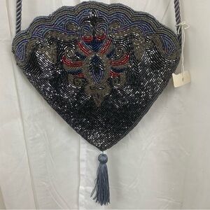 Handmade Beaded Fan Shaped Crossbody Bag Multicolor Blues, Grays,‎ Iridescent